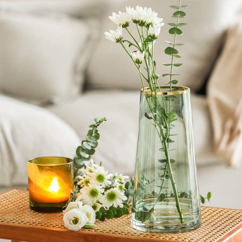 Funsoba 10â€œ Green Glass Vase with Gold Mouth for Centerpieces Home Wedding Decoration - Image 3